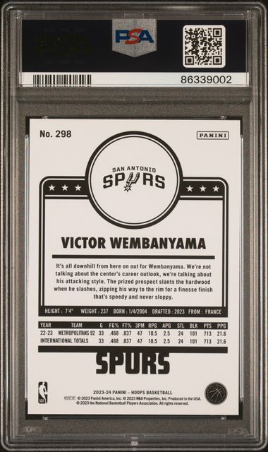 Victor Wembanyama #298 - 2023 Panini Hoops Basketball PSA 10