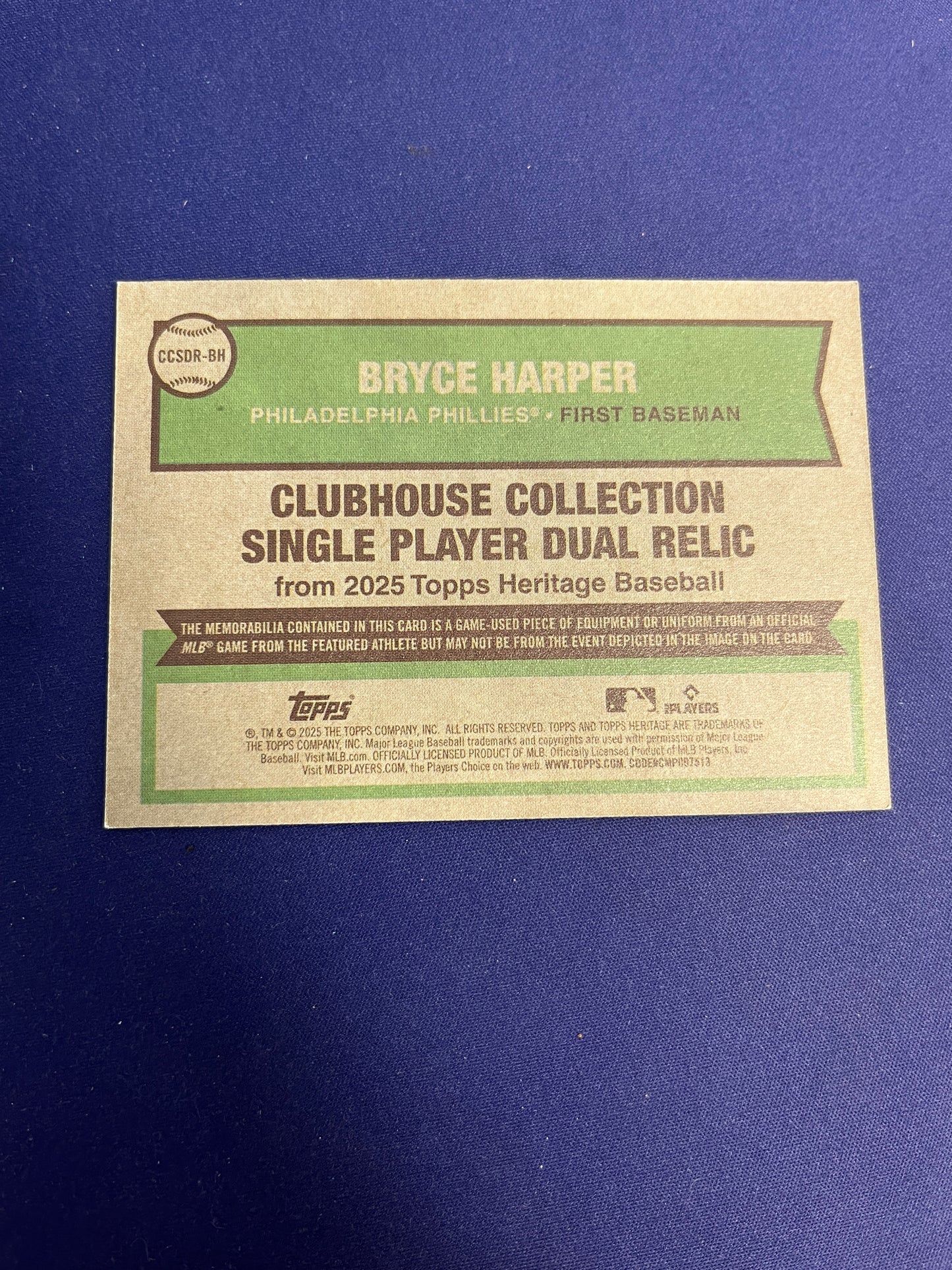 Bryce Harper Clubhouse Collection Dual Relic /50 2025 Heritage NM