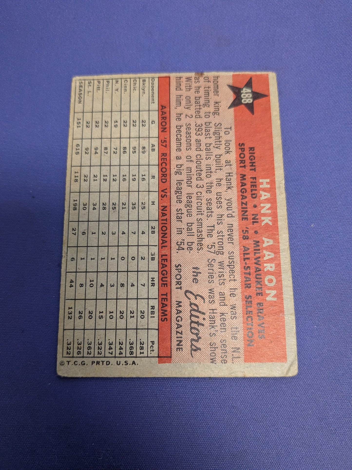 1958 Hank Aaron All Star Selection VG #488