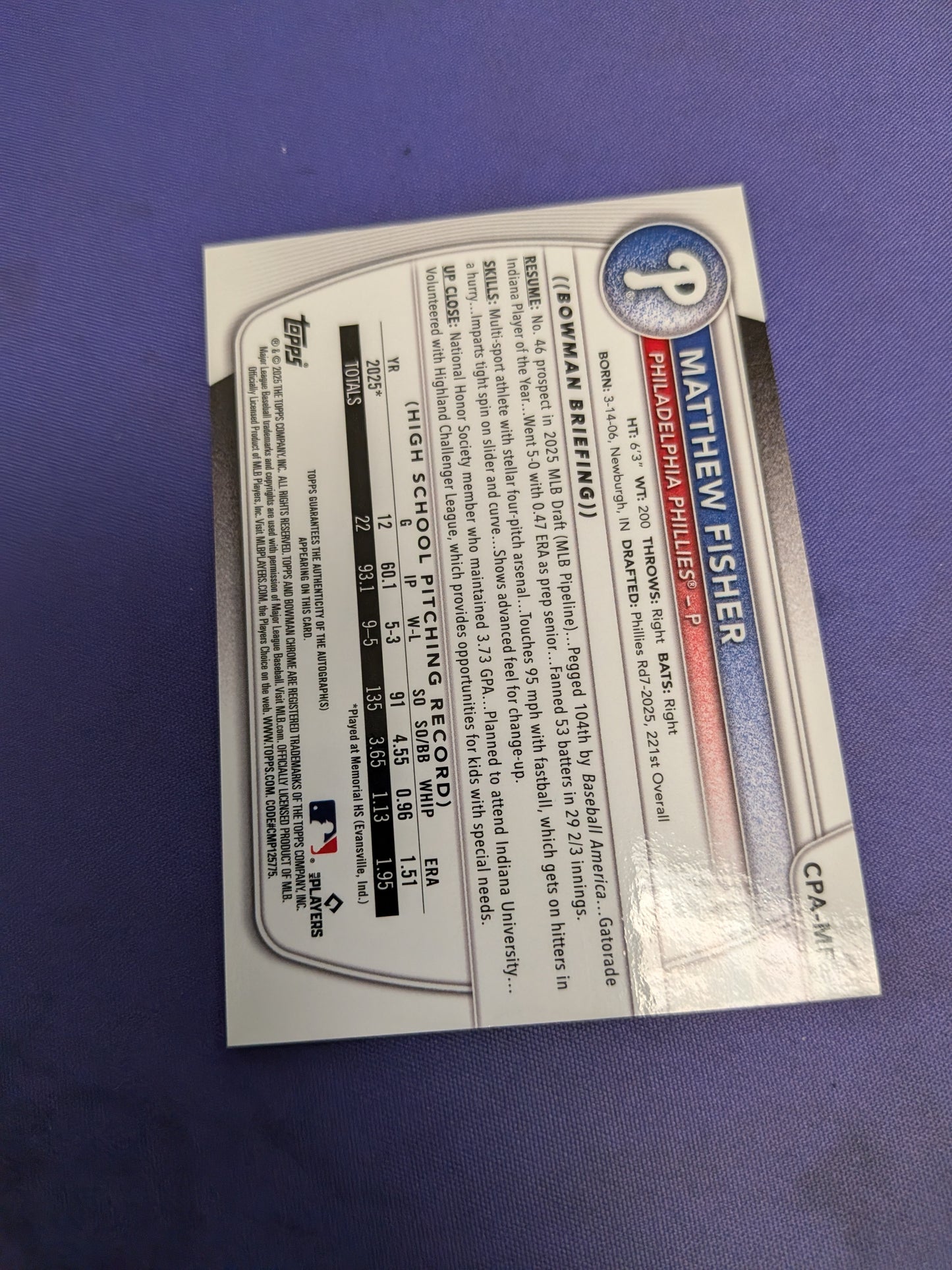 2025 Bowman Draft Matthew Fisher Chrome Auto 1st Prospect #CPA-MF Phillies