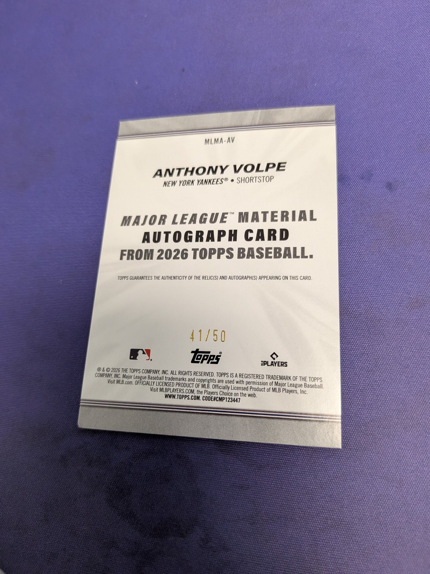 2026 Topps Series 1 Anthony Volpe Major League Materials Patch Auto /50 YANKEES *EX*