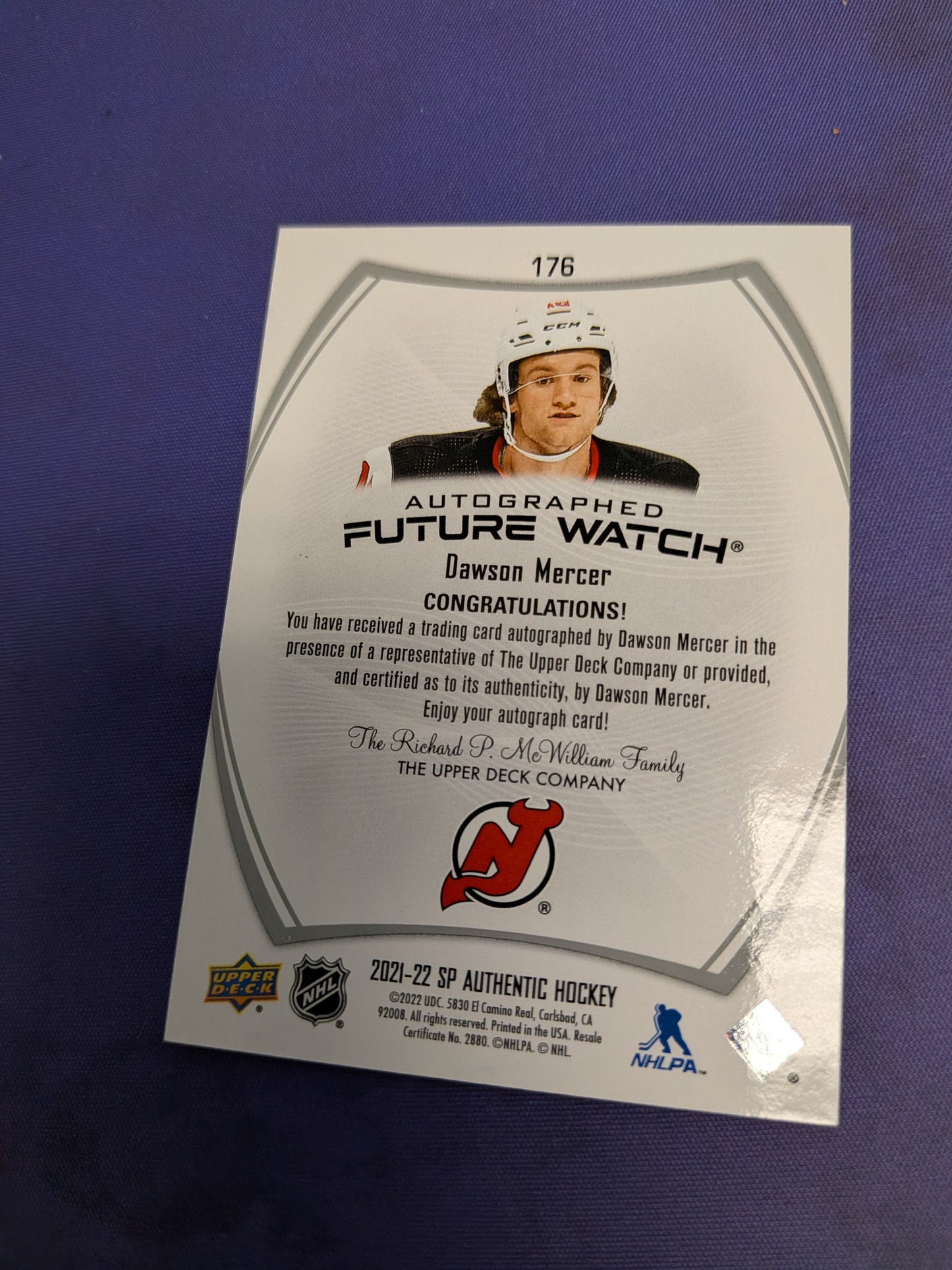 2021-22 SP Authentic Dawson Mercer Rookie Auto RC Future Watch #/999 Devils