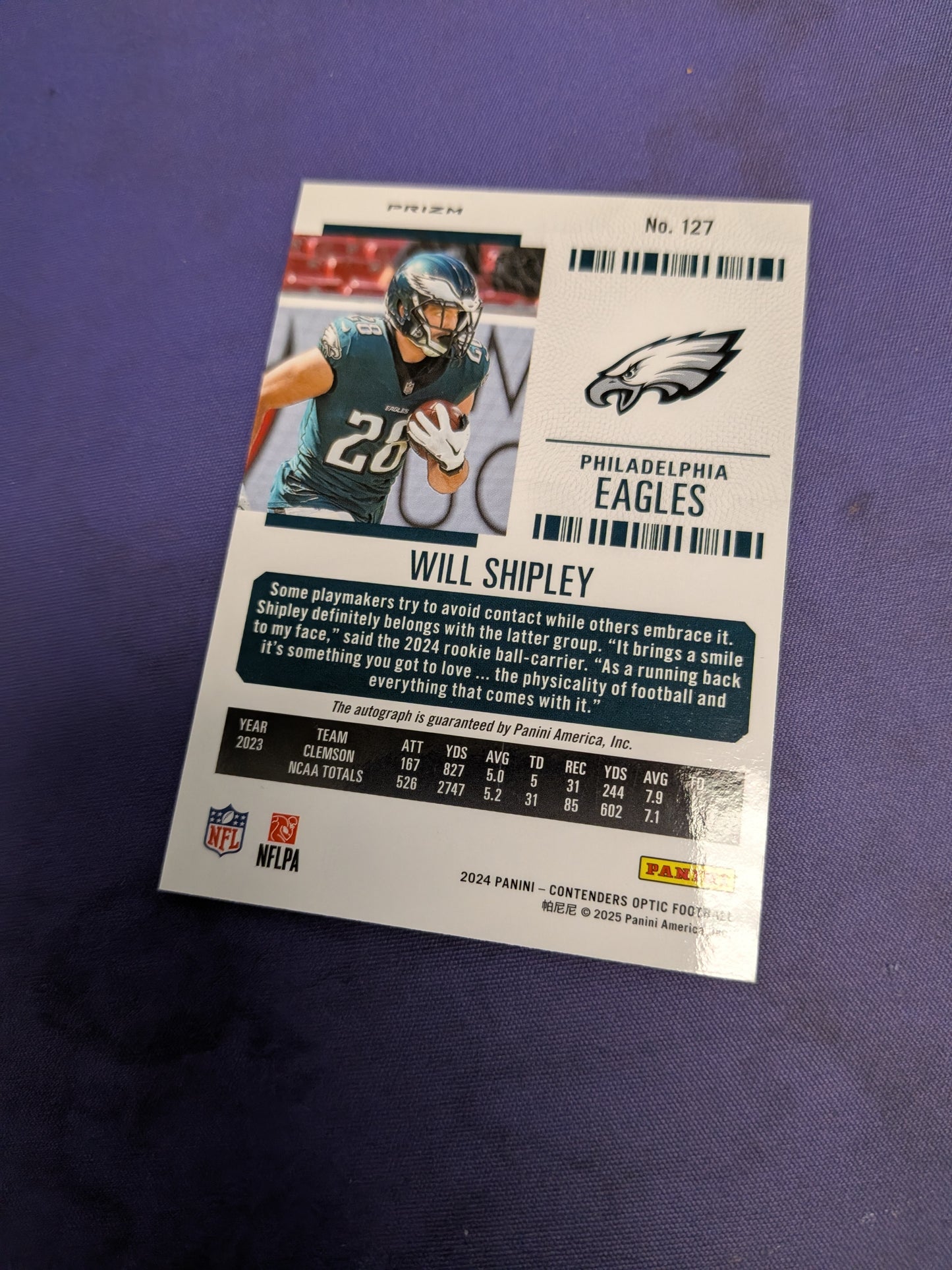 2024 Panini Contenders Optic Will Shipley Rookie Ticket Auto RC #127 Eagles