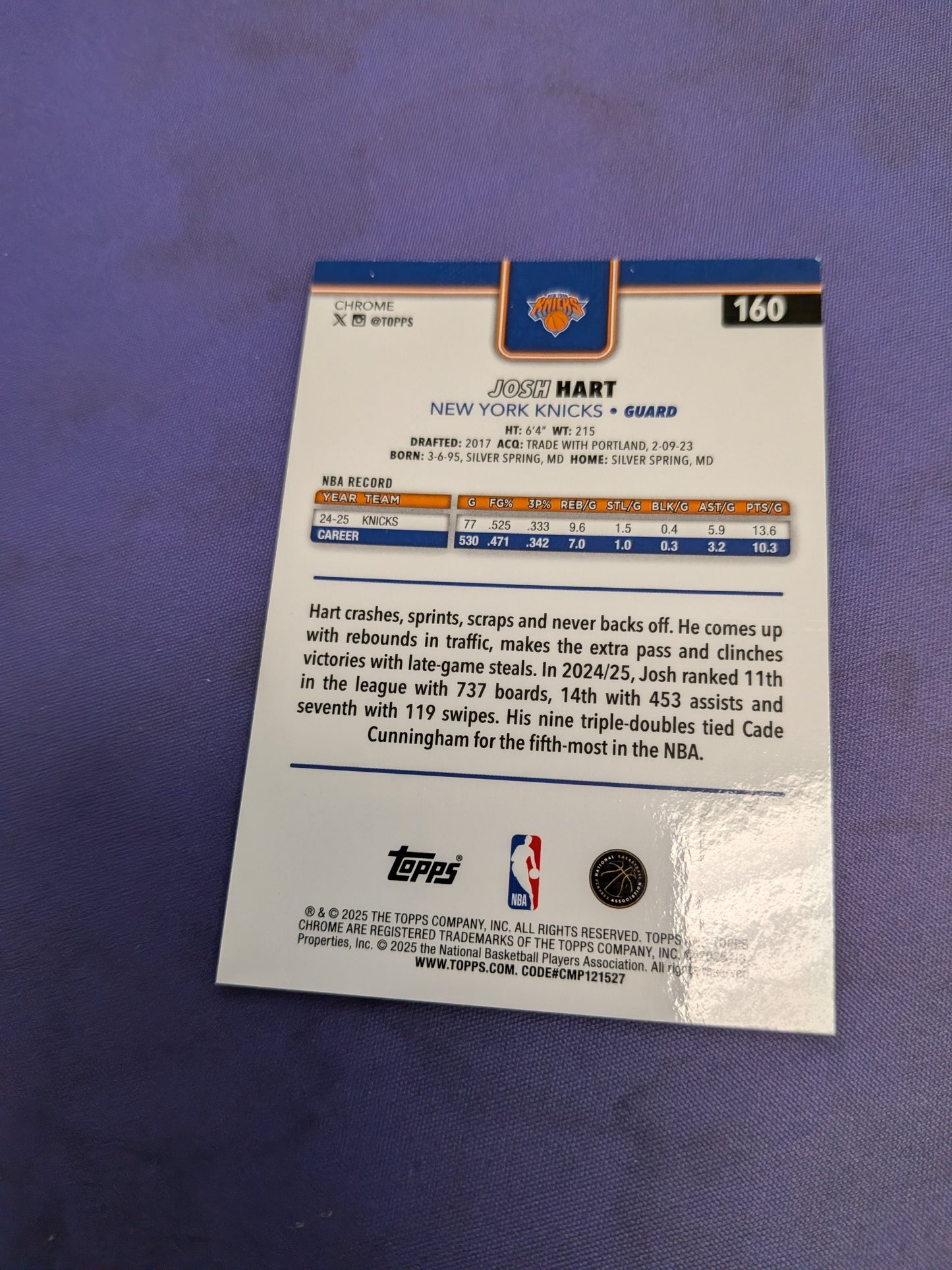 Josh Hart Yellow /275 2025-26 Topps Chrome