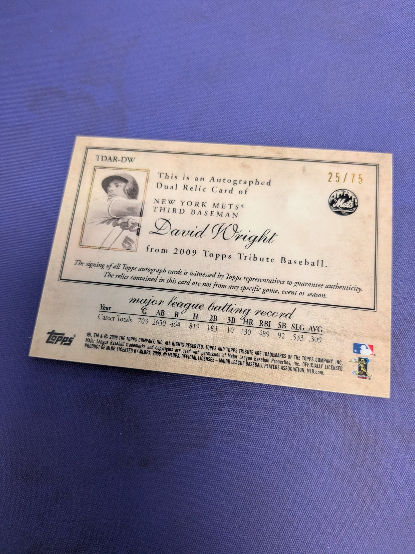 David Wright Relic Auto /75 2009 Topps Tribute