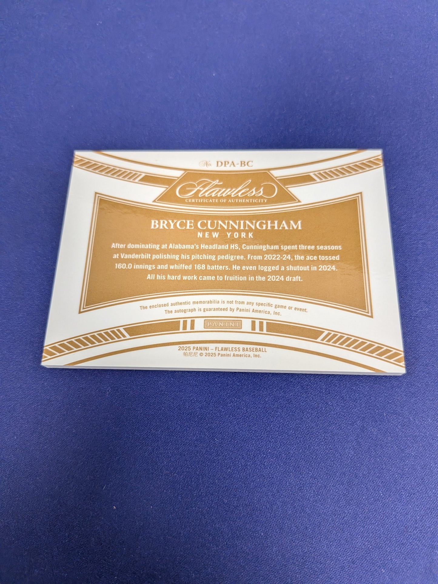 Bryce Cunningham Flawless Draft Patch Auto /15 BLUE