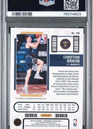 Christian Braun On-Card AUTO Rookie Ticket RC PSA 10 2022-23 Contenders