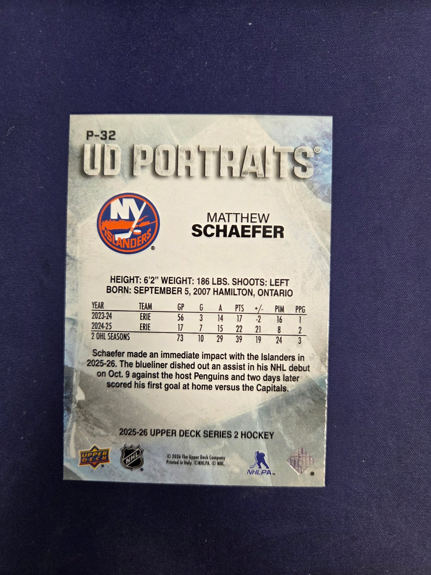 2025-26 Upper Deck Series 2 - UD Portraits #P-32 - Matthew Schaefer
