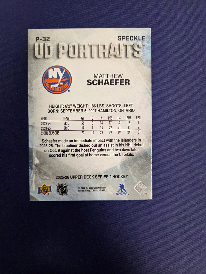2025-26 Upper Deck Series 2 - UD Portraits #P-32 - Matthew Schaefer - Speckle