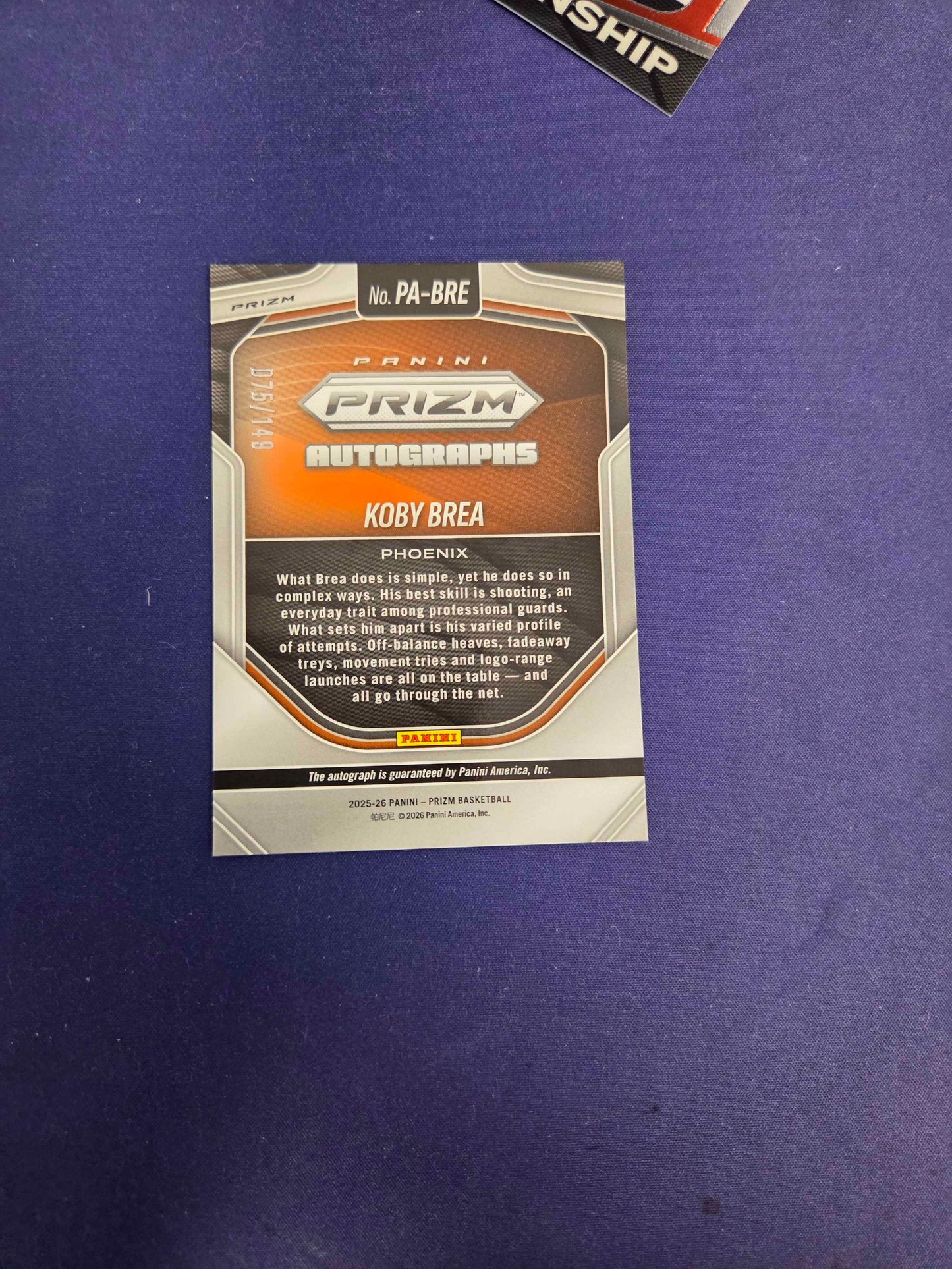 Koby Brea Orange Pulsar Auto RC /149 2025-26 Prizm NM