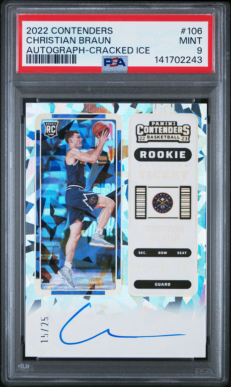 Christian Braun Cracked Ice Ticket /25 RC Auto PSA 9 2022-23 Contenders