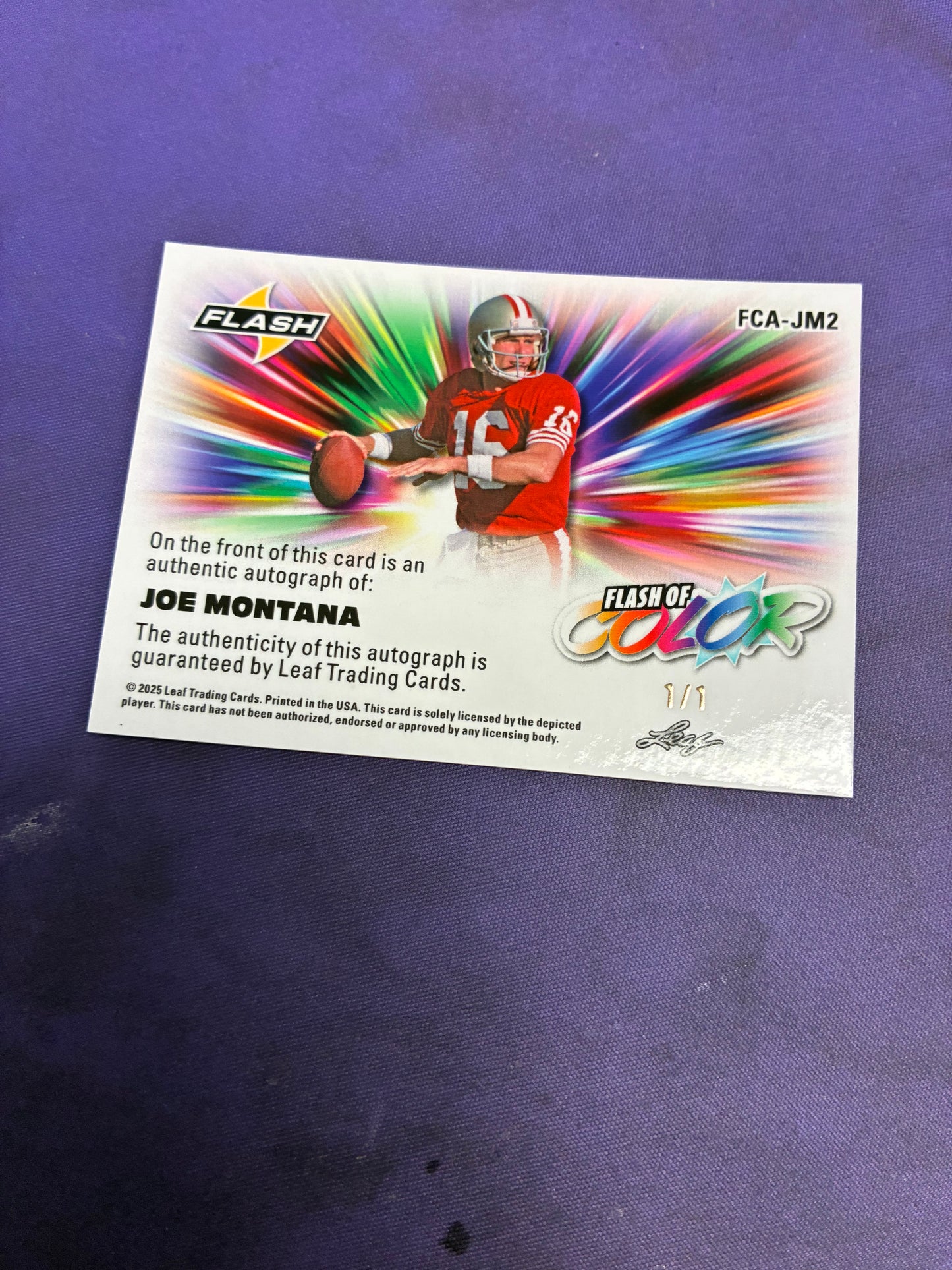 Joe Montana Flash of Color 1/1 AUTO 2025 Leaf NM