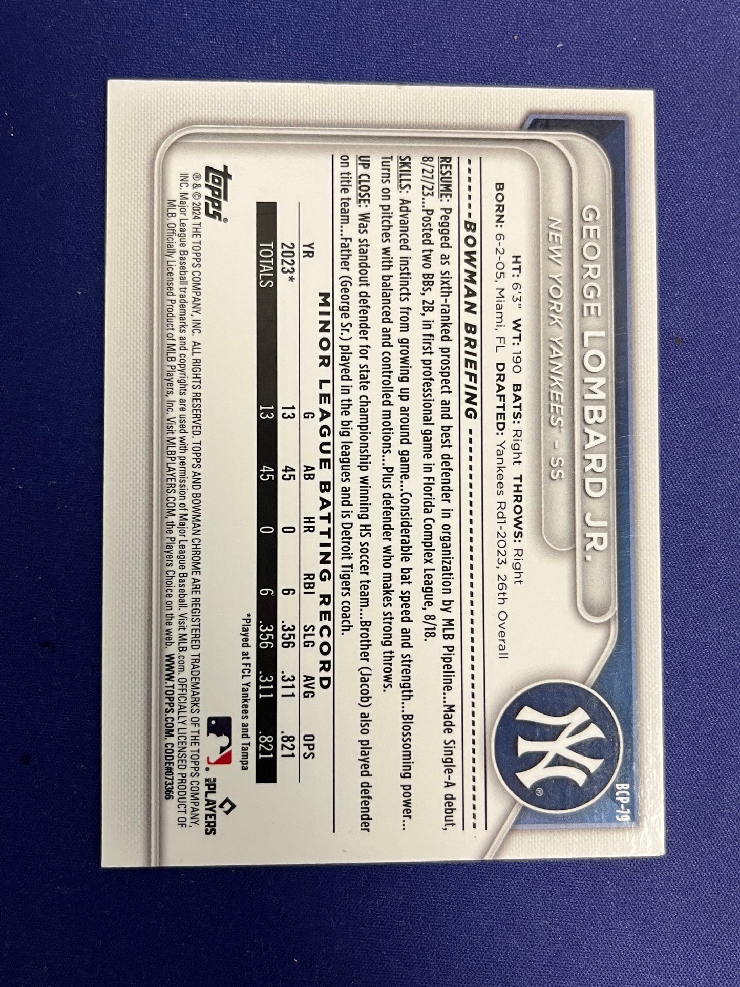 George Lombard Jr. [Mojo] #BCP-79 - 2024 Bowman Chrome Prospects Baseball NM