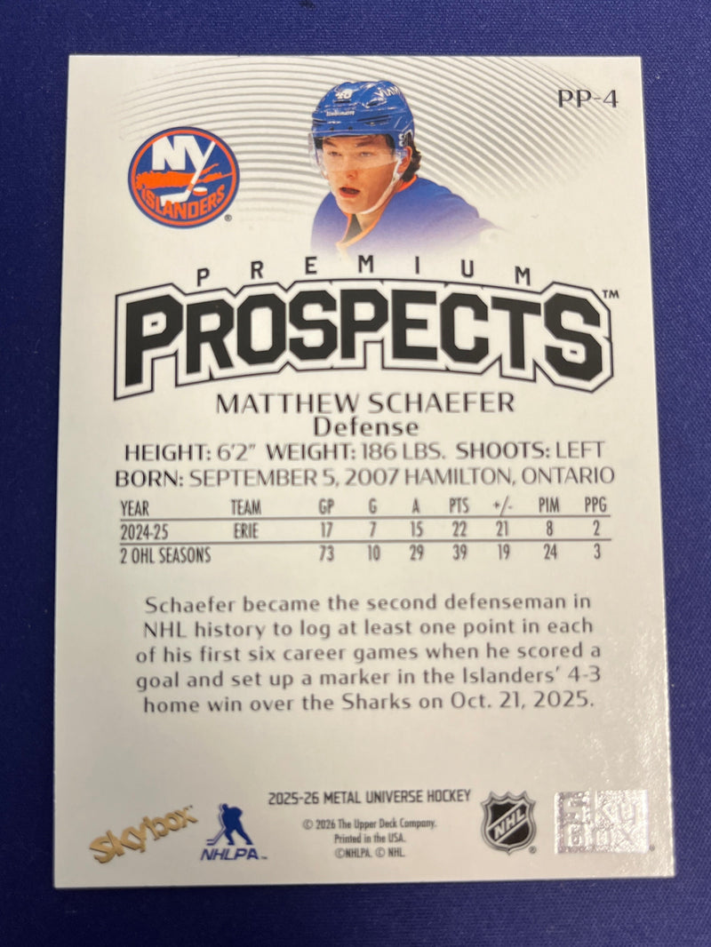 Matthew Schaefer Premium Prospects PP-4 2025-26 UD SkyBox Metal Universe NM
