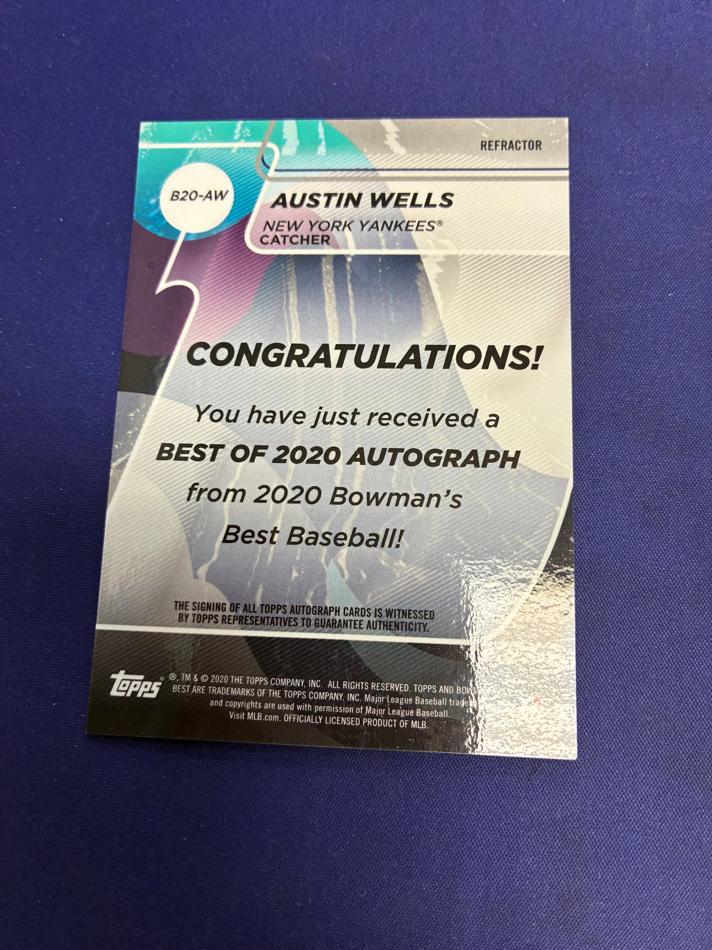 Austin Wells AUTO 2020 Bowman Chrome NM