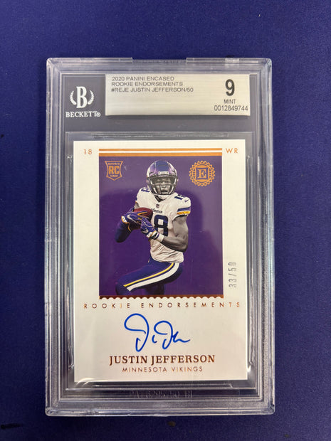 Justin Jefferson Rookie Endorsements /50 Auth Auto Beckett 9 2020 Encased