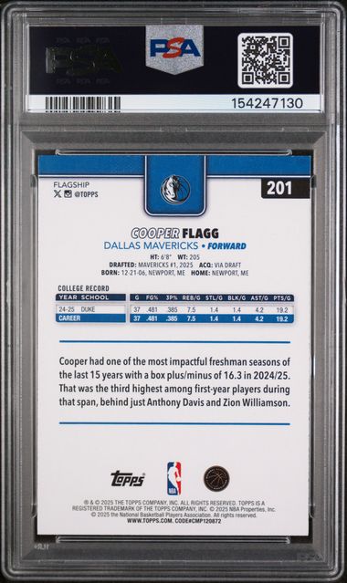 Cooper Flagg PSA 9 RC #201 2025-26 Topps NM