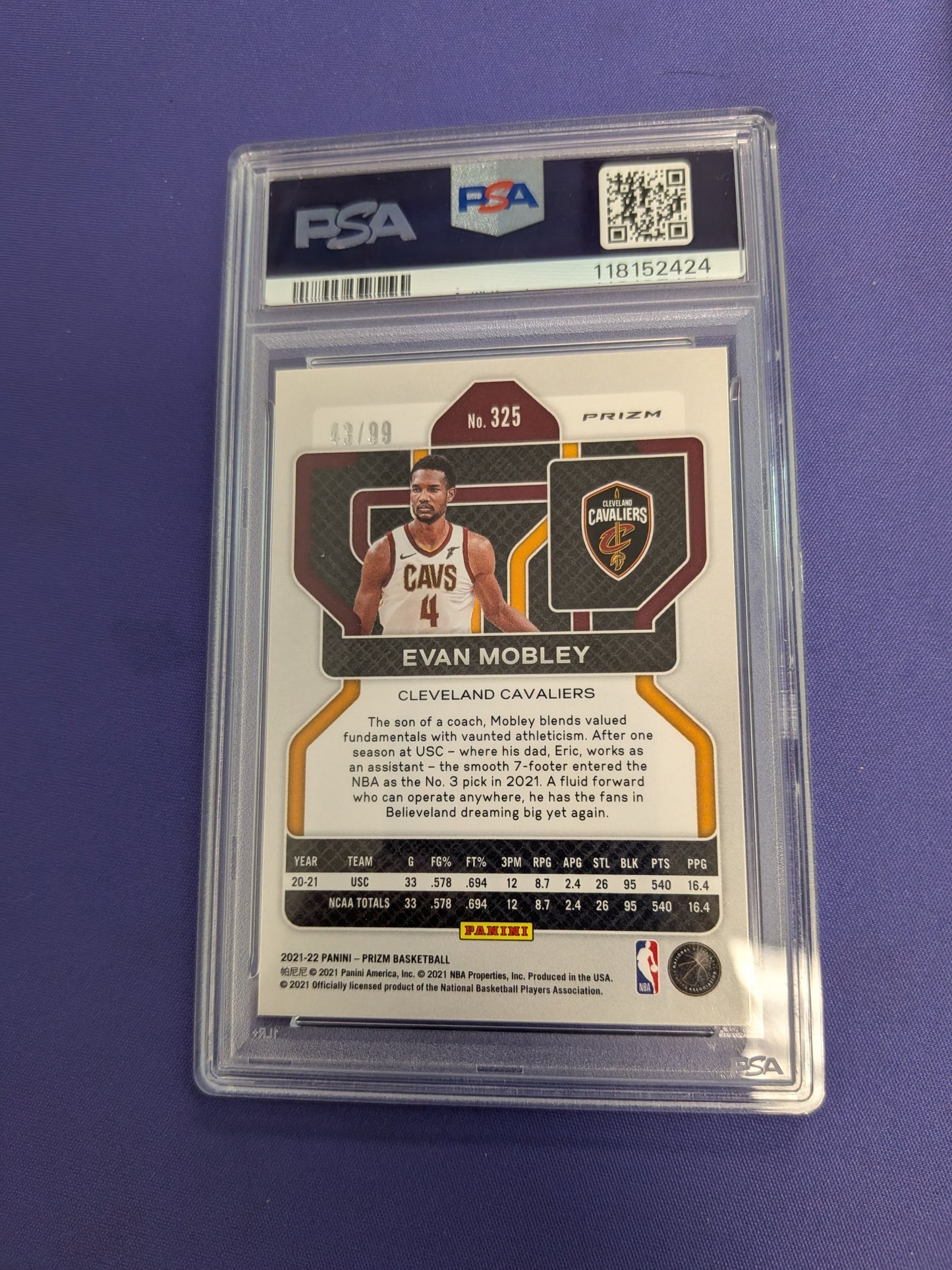 Evan Mobley Purple Prizm RC /99 PSA 9 2021-22 Prizm