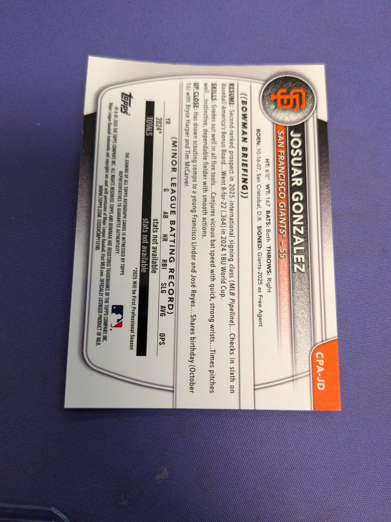 Josuar Gonzelez 1st Bowman AUTO 2025 Bowman