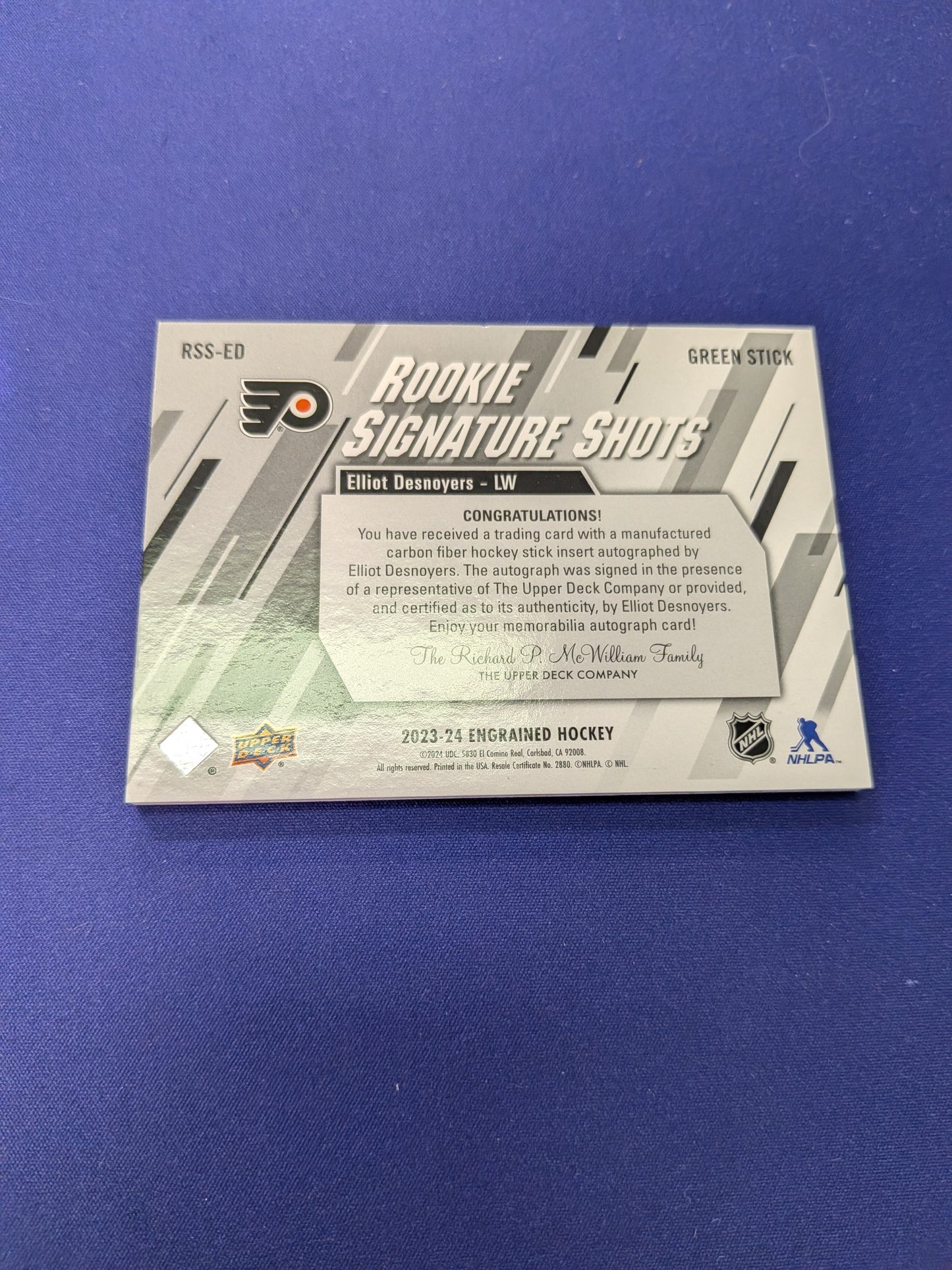 Elliot Desnoyers Rookie Signature Shots AUTO /75 2023-24 UD Engrained