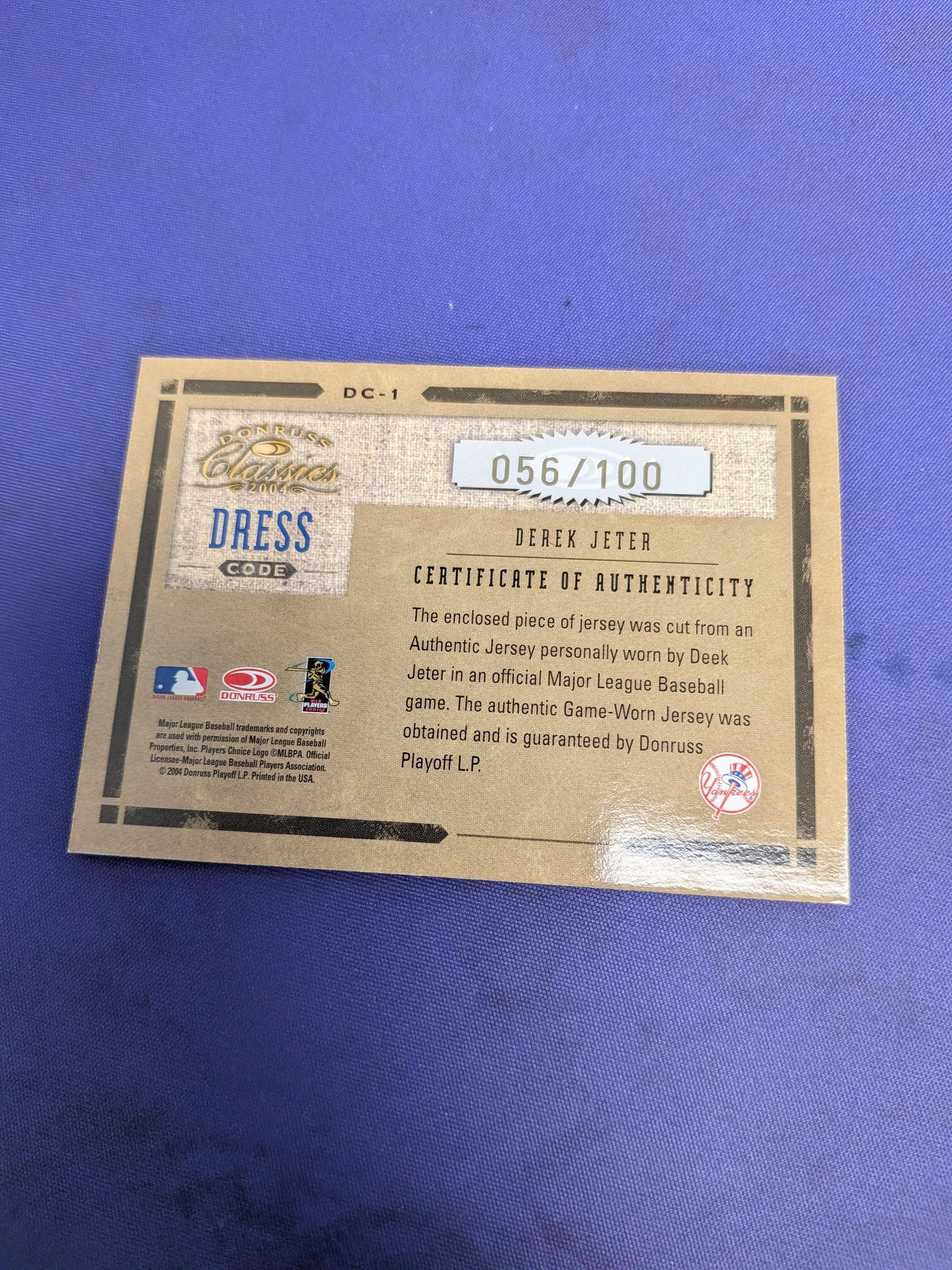 Derek Jeter Dress Code Patch /100 2004 Donruss Classics