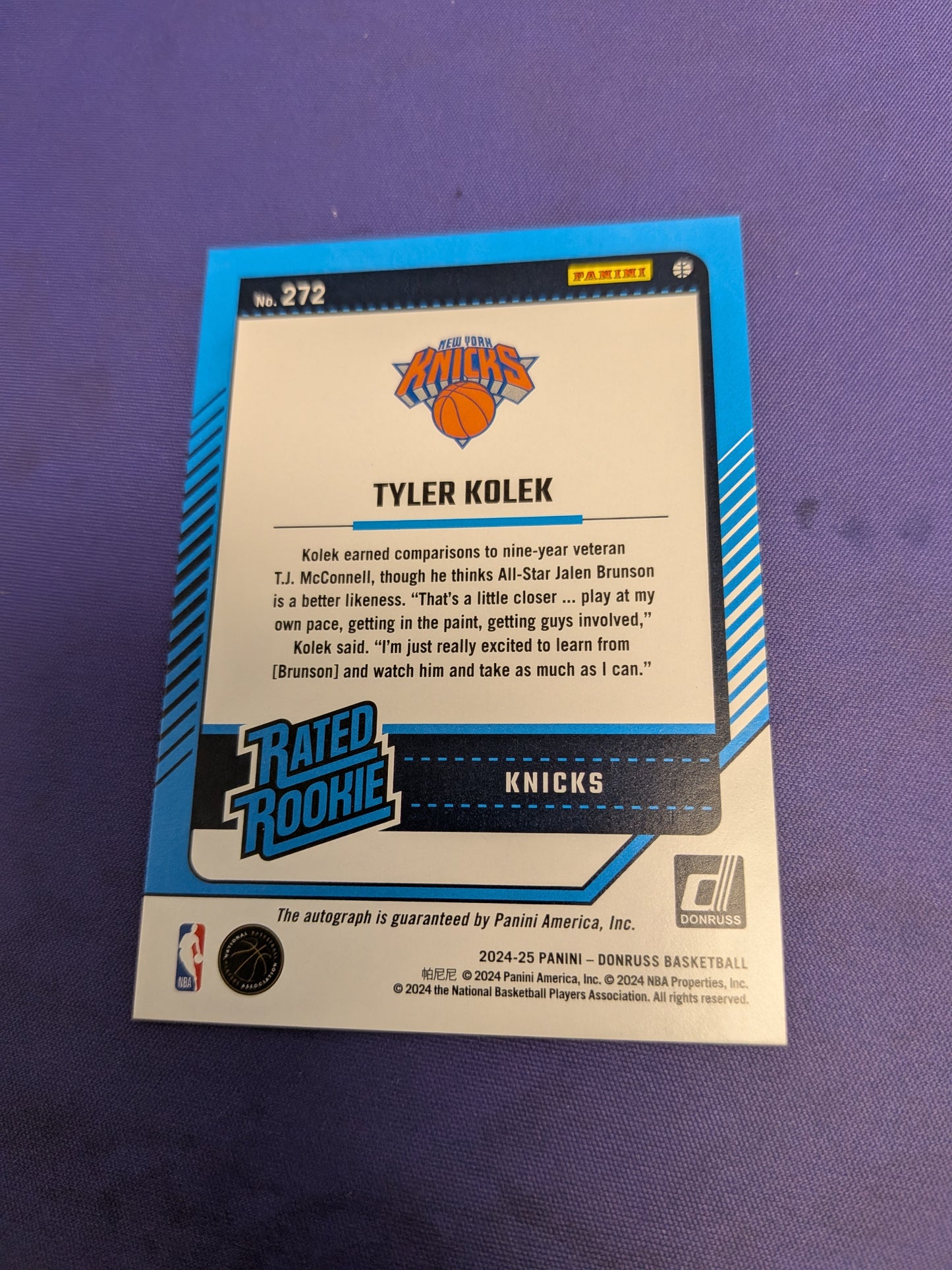 2024-25 Panini Donruss Tyler Kolek Rated Rookie Choice Auto #272 Knicks