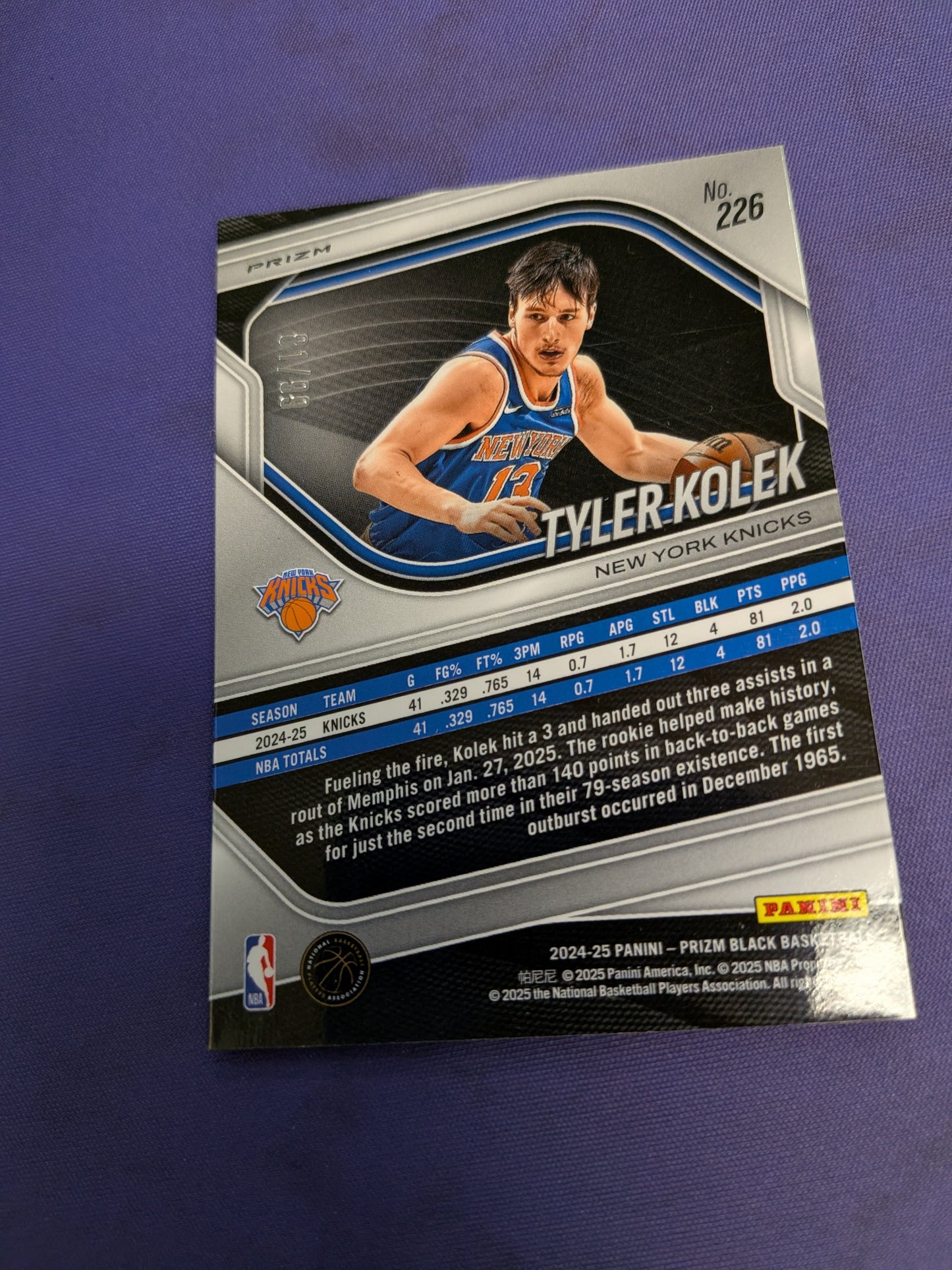 Tyler Kolek Purple Prizm /99 RC 2024-25 Prizm