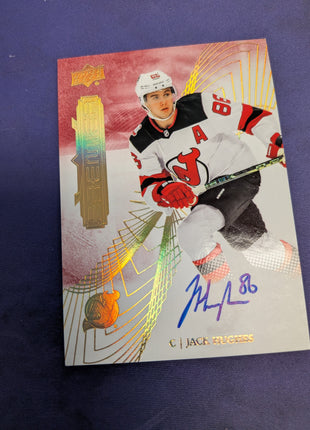 2022-23 UD Premier Jack Hughes Base Auto On Card SP Devils GOLDEN GOAL