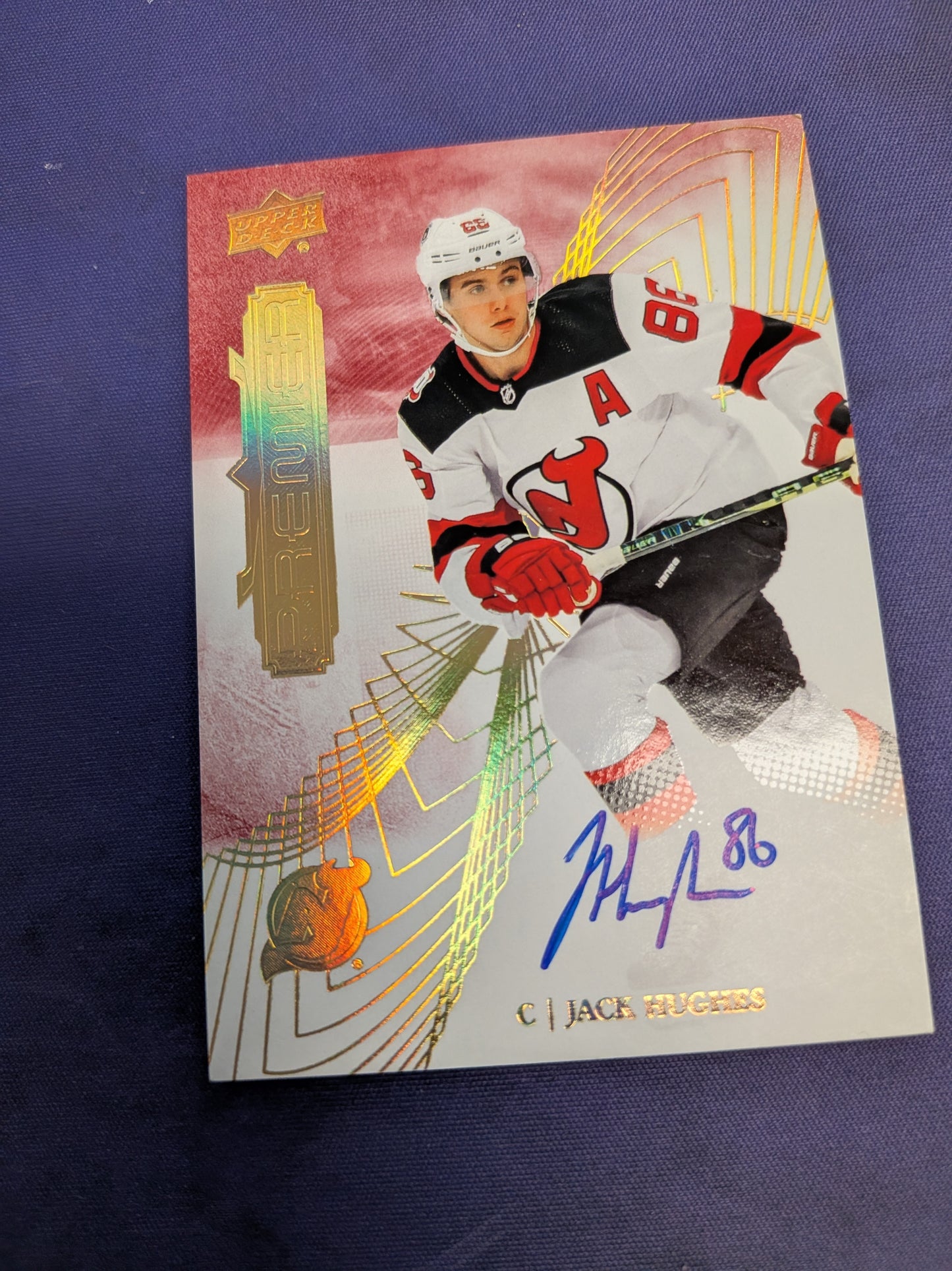 2022-23 UD Premier Jack Hughes Base Auto On Card SP Devils GOLDEN GOAL
