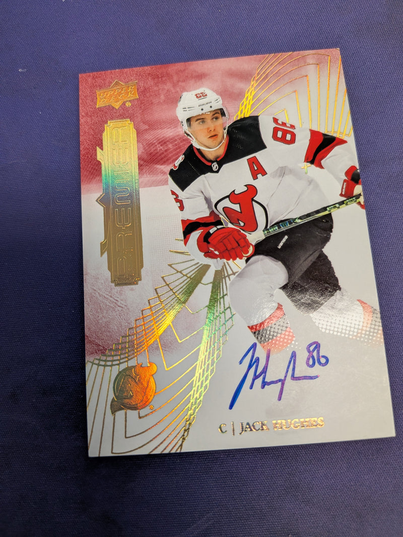 2022-23 UD Premier Jack Hughes Base Auto On Card SP Devils GOLDEN GOAL