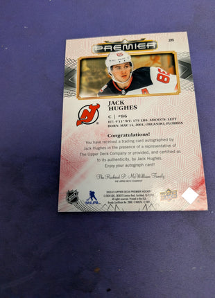 2022-23 UD Premier Jack Hughes Base Auto On Card SP Devils GOLDEN GOAL