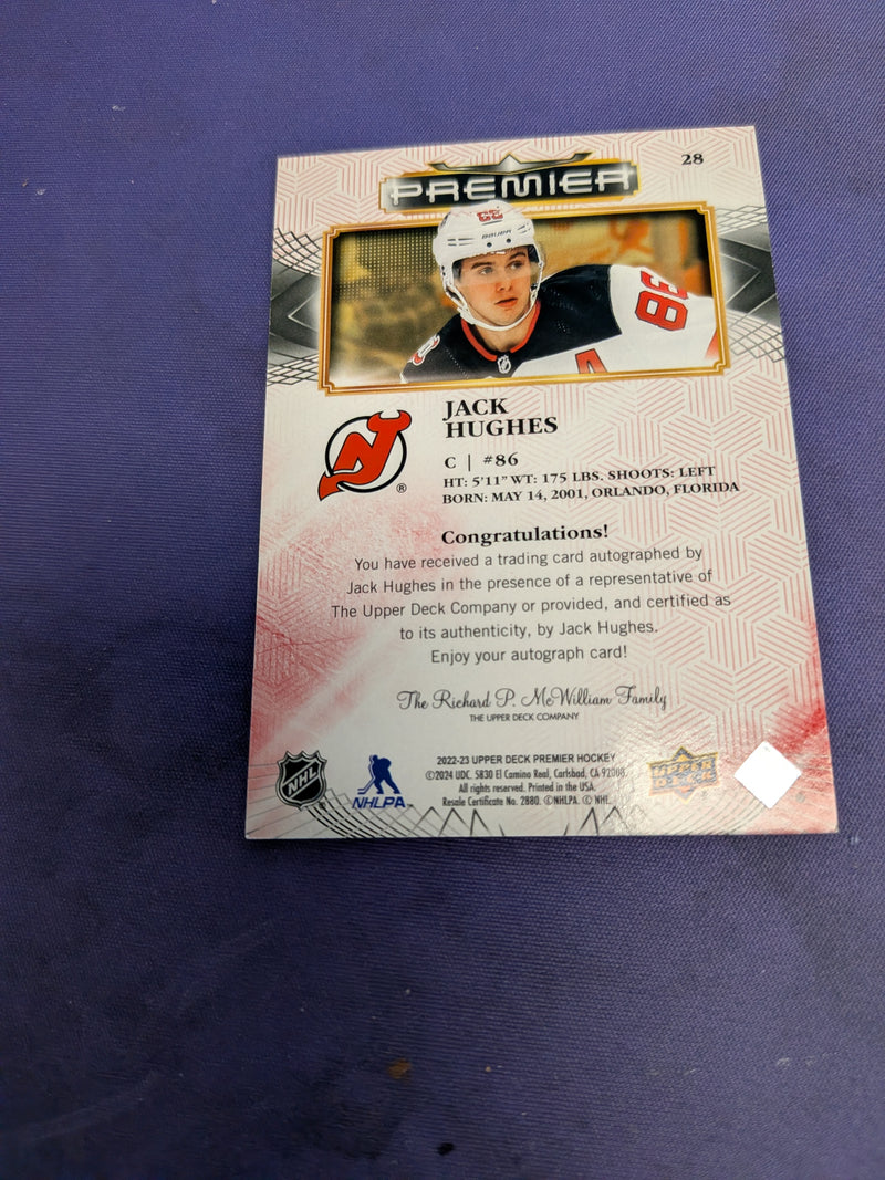 2022-23 UD Premier Jack Hughes Base Auto On Card SP Devils GOLDEN GOAL