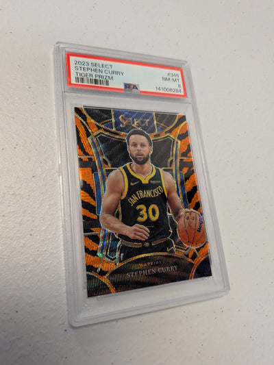 Stephen Curry [Tiger Prizm] #345 - 2023 Panini Select Basketball PSA 8