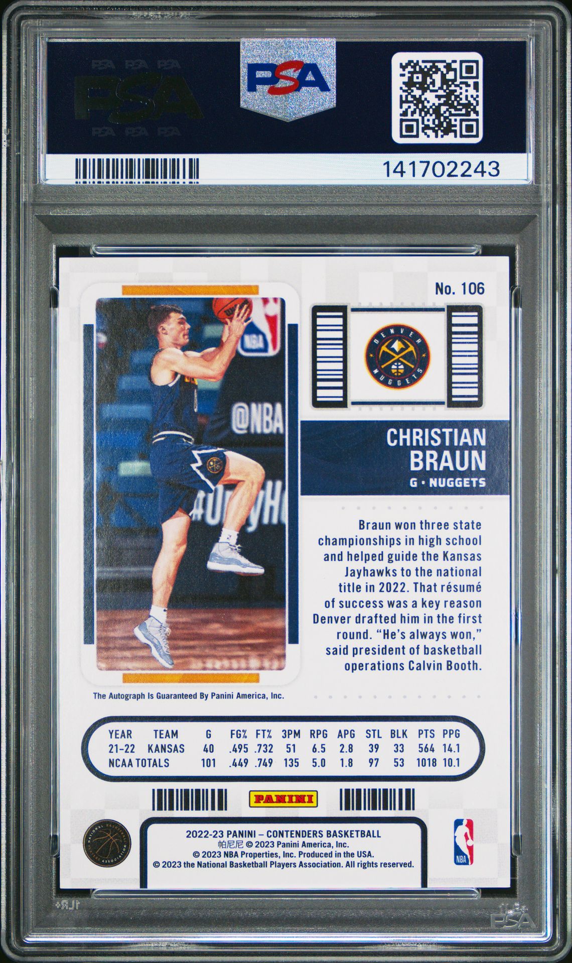 Christian Braun Cracked Ice Ticket /25 RC Auto PSA 9 2022-23 Contenders