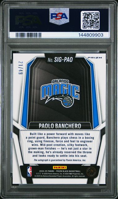 Paolo Banchero [Blue] #5 - 2024 Panini Prizm Black Signature Basketball PSA 10